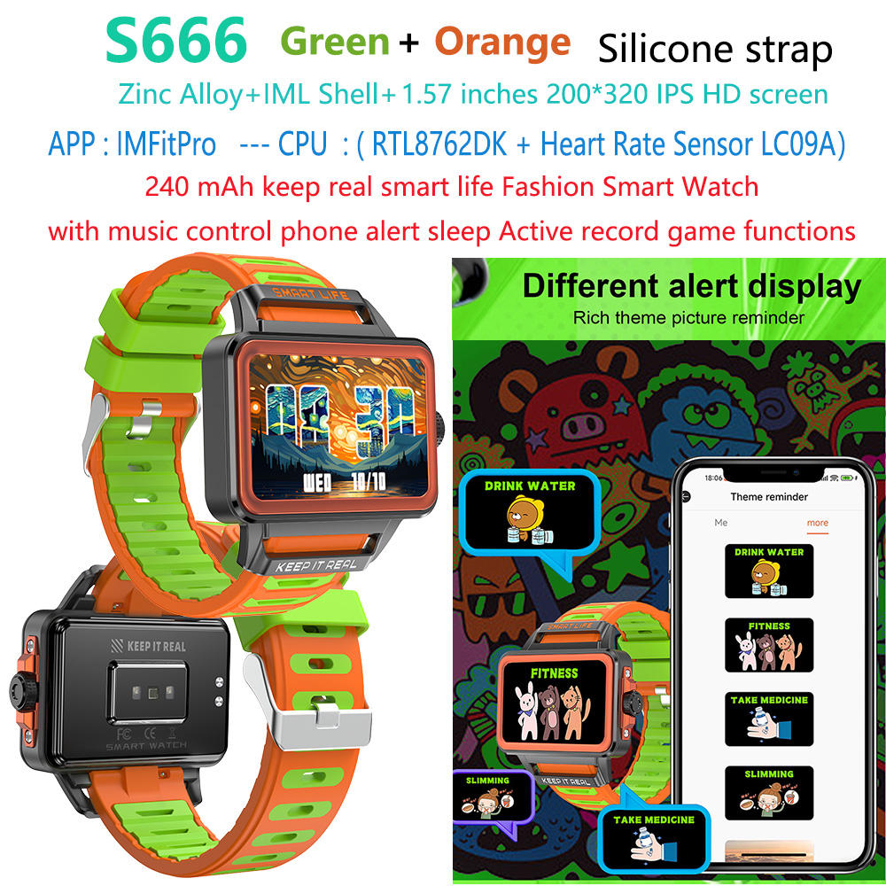 Naranja + S666-keep-it-real-smart-life-watch-smart-watch verde