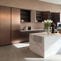 Ensemble de meubles de cuisine modulaires modernes en acier inoxydable de style européen avec poignées encastrées, tiroirs à fermeture amortie, glissières de tiroir, crédence et évier