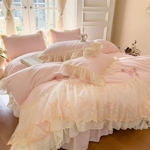 Parure <span class=keywords><strong>de</strong></span> lit brodée papillon à bordure dentelle en tissu lavé, style princesse coréenne, drap-housse à volants, couvre-lit à volants, housse <span class=keywords><strong>de</strong></span> couette à volants - Product Image 1