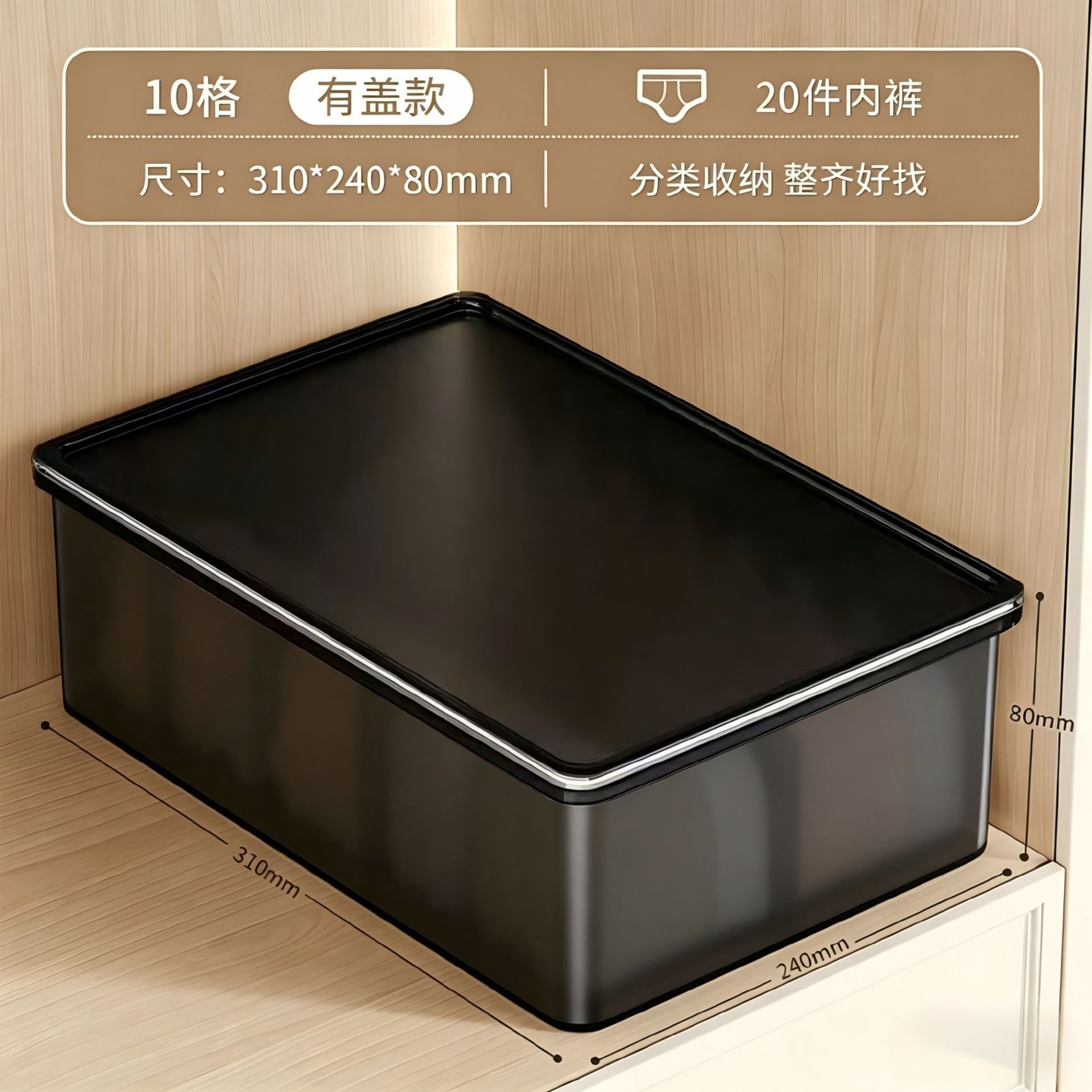 Translucent Black - with Lid [10-Compartment Underwear Box]