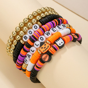 Halloween <b>Beaded</b> <b>Bracelets</b> Set Orange Black Pumpkin Spider Skull Charm Unisex Jewelry for Party Costume Accessory - Product Image 4