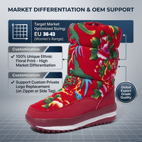 Chaussures d'hiver pour femmes à imprimé floral, style ethnique, motif de fleurs rouges, doublure chaude, semelle antidérapante, bottes de neige