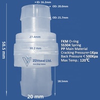 Válvula de Retención de Plástico ZDVseal de 20 mm, Conexión Rápida, Tipo Push-to-Connect, Material PP, para Líquidos y Aire