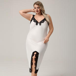 Luxury Satin Slip Nightgown Women Summer Solid <b>Lace</b> Trim Embroidered Breathable Sexy Simple High Slit Knee Length <b>Elastic</b> Waist - Product Image 1