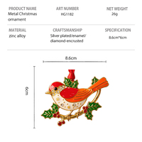 Maßgefertigter Metall-Emaille-Robin-Vogel Weihnachtsanhänger mit Strass und Stechpalmenzweig, Christbaumschmuck zum Aufhängen, Großhandelsdekoration