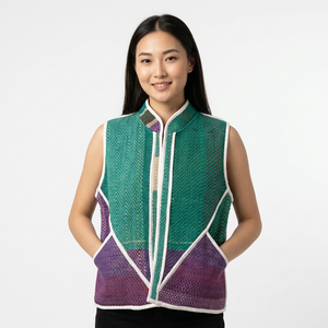 Chaqueta Asimétrica de Algodón Estampado a Rayas con Bloques de Color para Mujer, Top Transpirable sin Mangas para Verano, Costuras en Contraste Púrpura y Verde - Product Image 1