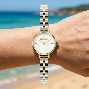 Reloj de Cuarzo Ovalado Personalizado para Mujer, Correa de Acero Inoxidable Analógica, Esfera Minimalista, Mini Arco de 3 Eslabones, Reloj de Pulsera de Moda de Dos Tonos - Product Image 4