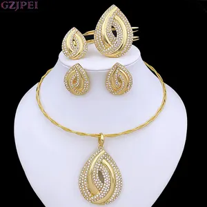 Gold Color Necklace Sets With Rhinestones Water Drop Shape Pendant Earrings Jewelry Sets For Women