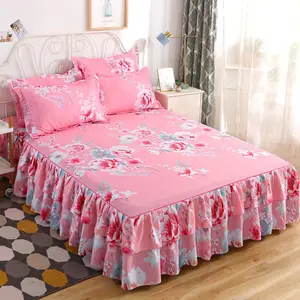 Lace Bed Skirt Set Home Floral Printed Fitted Bed Sheets Beauty Bed Cover Full Queen King Size
