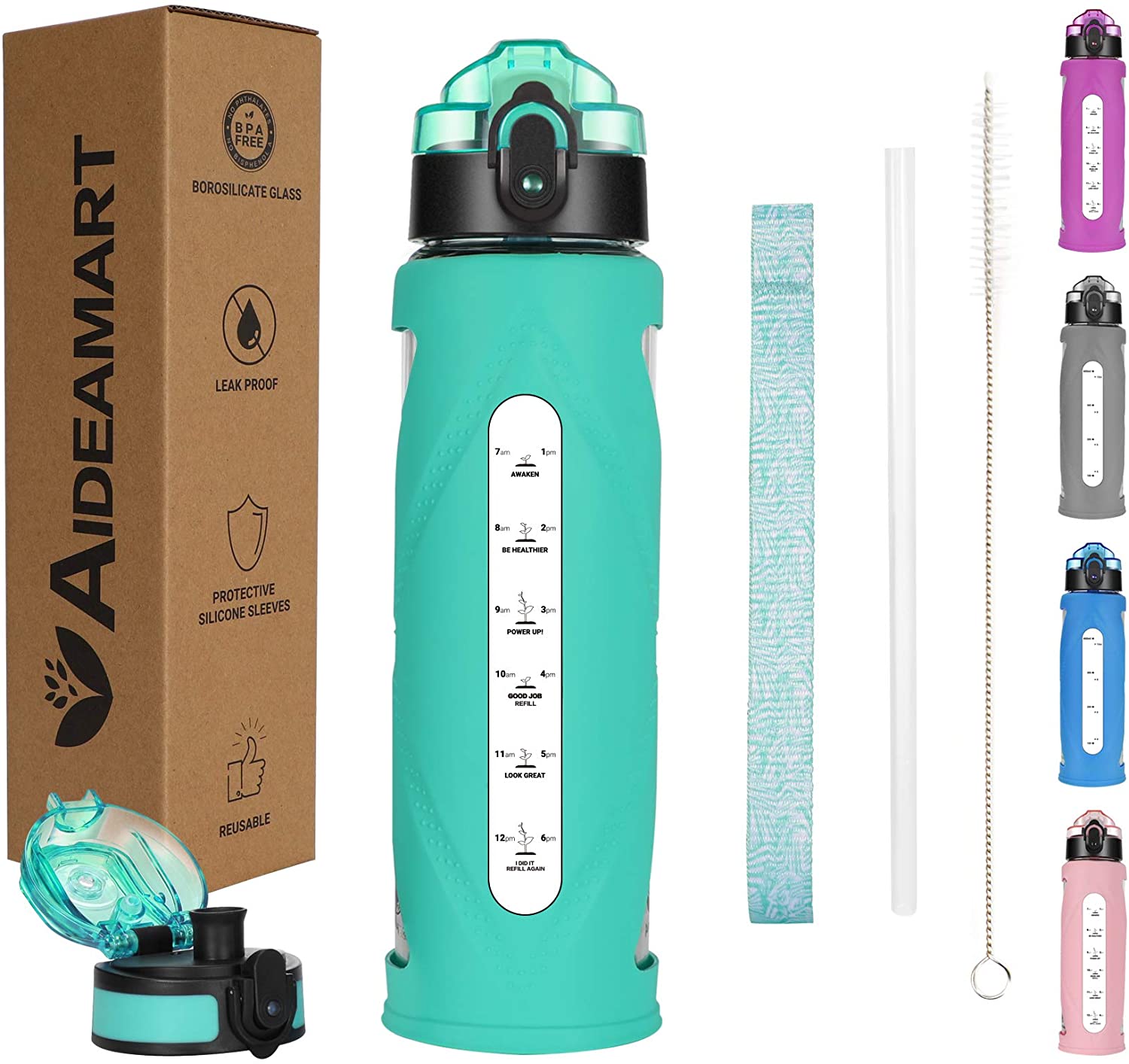 17oz Glass Water Bottle 2 Lids One Click Open and Motivational Water Bottles with Time Marker Reminder