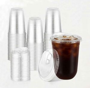 แก้วพลาสติกใสพิมพ์โลโก้ตามสั่ง ขนาด 14 ออนซ์ สำหรับกาแฟ ชานมไข่มุก เครื่องดื่ม ร้านกาแฟ พร้อมฝาปิด แก้วพลาสติก PET รูปตัวยู สำหรับซื้อกลับบ้าน - Product Image 1