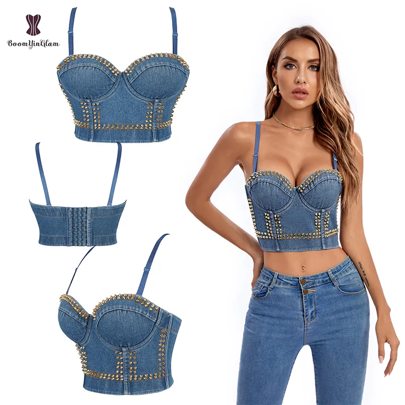 Denim Jean Frauen Korsett Top Bustier Perle Dekoriert Crop Top Verdeckte BH-Träger Body Shape wear Form