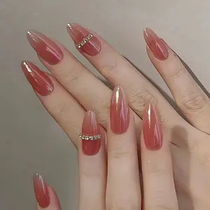 Wholesale bulk artificial press on nails Almond Stiletto Diamond Gradient Red full cover short finger nails custom package