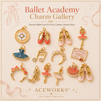 Galerie de Charmes de l'Académie de Ballet |   Pendentifs en laiton plaqué or 18 carats avec émail, motifs chaussures de ballet, tutu, ballerine et notes de musique, pour la fabrication de bijoux