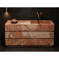 SH STONE Meuble-lavabo moderne en marbre Breccia Rosa rouge écologique avec vasque simple et tiroirs pour appartement et villa