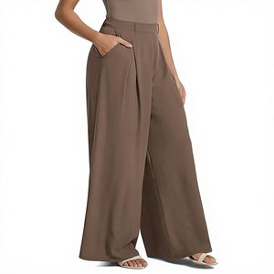 Pantalones Anchos de Cintura Alta para Mujer, Color Sólido, Corte Holgado, Largos, Tela Crepé, Transpirables, Casuales, Color Marrón - Product Image 4