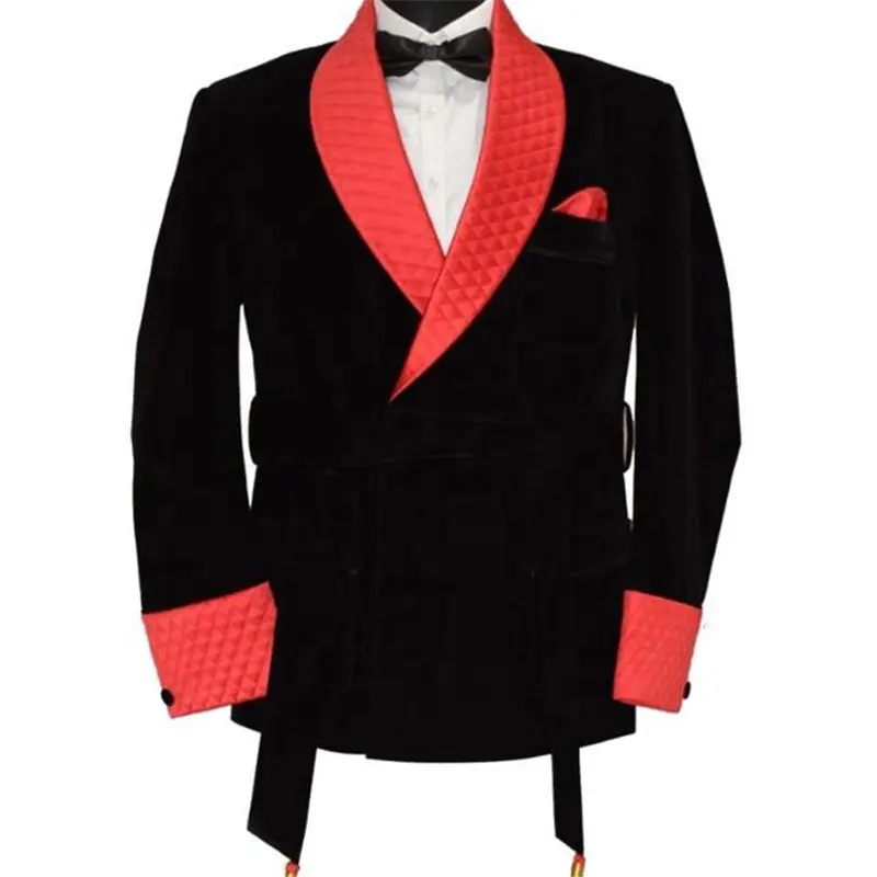 Мужской стеганый черный бархатный блейзер, куртка для курения, мужская куртка с поясом стандартного кроя для курения