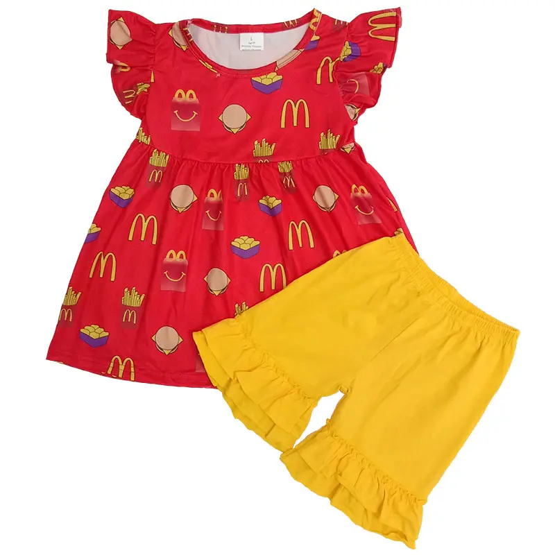 Moda bebek kız rahat kırmızı üst sarı renk buzlanma şort kız giyim setleri 12 yıl butik kız giyim seti yaz