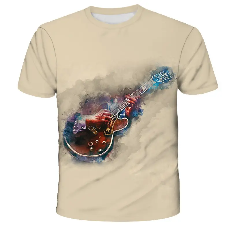 Camiseta de poliéster unissex, plus size, profunda, cor da água, impressão da guitarra, nota musical, manga curta