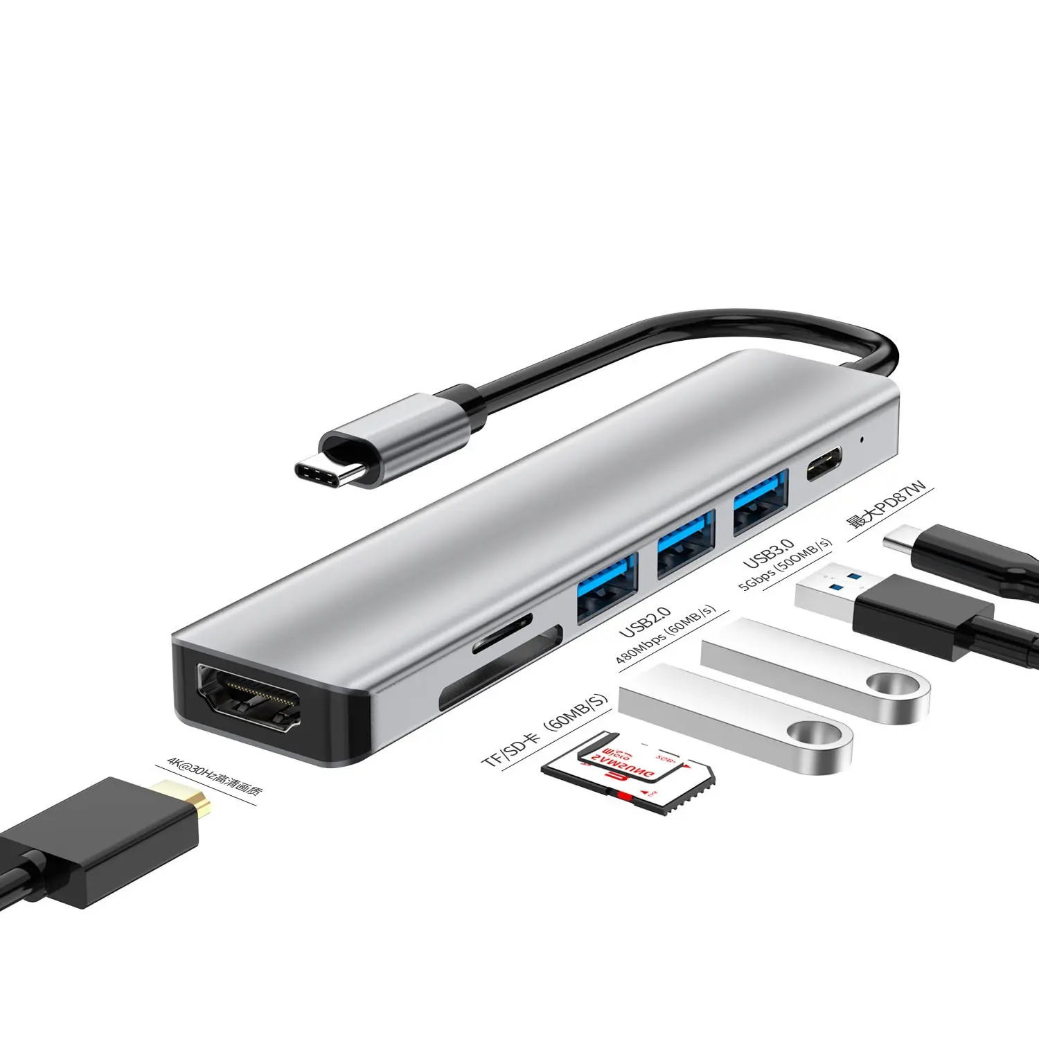 Adaptor USB 7 In 1, Pembaca Kartu SD/TF USB 3.0 Tipe C Hub Multi Port Laptop Docking Station USB C Hub Kualitas Tinggi