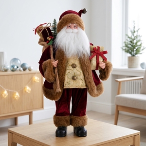 Grande figurine de Père Noël en velours rouge vin texturé or pour décorations de Noël - Product Image 1