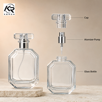 Flacon de parfum en verre transparent de luxe à coupe octogonale 30ml 50ml 100ml avec pulvérisateur argenté, capuchon en cristal transparent, logo personnalisé