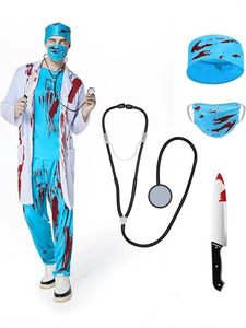 Costume d'Halloween de cosplay : Maquillage sanglant, Masque d'horreur, Infirmière chirurgienne, Médecin fou, Robe de médecin sanglante en polyester 14+ - Product Image 3
