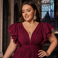 Robe de Demoiselle d'Honneur Grande Taille en Chiffon Coupe Trapèze, Col en V Profond, Manches Volantes, Taille Froncée, Fente Haute, Longueur Maxi