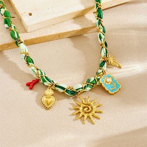 European American Fashion Printed Ribbon Gold Plated Chain Necklace With Sun Flower Pendant Party Jewelry - Product Image 2