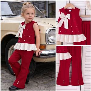 Ensemble de vêtements pour filles de <span class=keywords><strong>4</strong></span> à 7 <span class=keywords><strong>ans</strong></span>, haut rouge à manches courtes en tricot avec nœud et perles, mini-short, vêtements pour enfants - Product Image 2