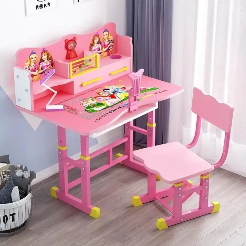 Mesa de estudo para crianças, mesa simples para estudantes, mesa de escrita e cadeira, conjunto com estante elevatória para crianças, mesa e cadeira em combinação