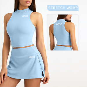 Set Rok Tenis Kustom Grosir untuk Wanita, Atasan Crop Leher Tinggi, Rok A-Line Pinggang Tinggi, Cepat Kering, Pakaian Olahraga Golf Yoga - Product Image 1