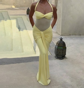 Viviblook Z331DS01 Vestidos de Verano para Mujer, Nuevo Vestido Maxi Elegante sin Mangas con Tirantes Halter, Malla y Cinta Decorativa - Product Image 2