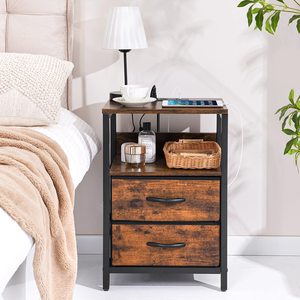Table de chevet industrielle SENYU avec 2 tiroirs, plateau en bois, armoire de rangement ouverte, meubles modernes pour chambre à coucher, table d'appoint pour salon - Product Image 2