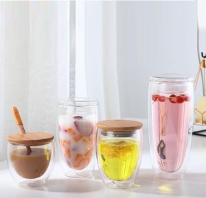 Taza de Vidrio Borosilicato de Doble Pared Resistente al Calor, Apta para Alimentos, Personalizable, para Agua, Café, Leche, con Tapa de Bambú, 350ml 450ml, para Oficina - Product Image 5
