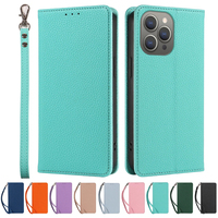 Étui portefeuille en cuir PU grain litchi avec porte-cartes, dragonne et béquille pour iPhone 12 Pro Max/12 Pro/12/12 Mini