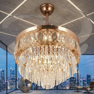 Ventilateur de plafond LED doré haut de gamme avec lustre en cristal, pales rétractables, télécommande, moteur silencieux, décoration de luxe - Product Image 3