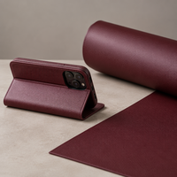 Étui de téléphone en cuir PU Saffiano rouge vin, étanche, écologique, avec support, certifié EU POPs SGS ISO GRS REACH RoHS, service OEM personnalisé
