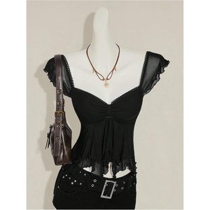 FOXA Haut court transparent à volants en maille fine pour femme, col cœur, sans manches, combinaison moulante, tenue de soirée - Product Image 4