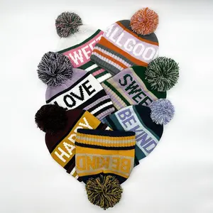 Winter Customizable Green Color Stripe Jacquard Beanie With Colorful Cuffed Knitted Pom Pom Beanie