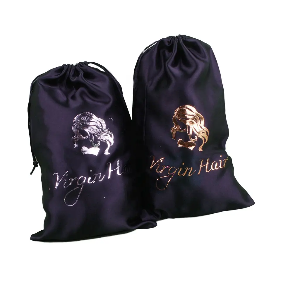 Paquetes de cordón con logotipo personalizado, bolsa de satén de seda negra para pelucas, embalaje para el cabello, precio al por mayor