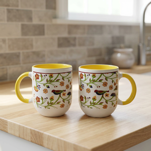 Ceramic Coffee Mugs Floral Bird Pattern Yellow Interior Durable <b>Tea</b> Drinking <b>Set</b> - Product Image 3