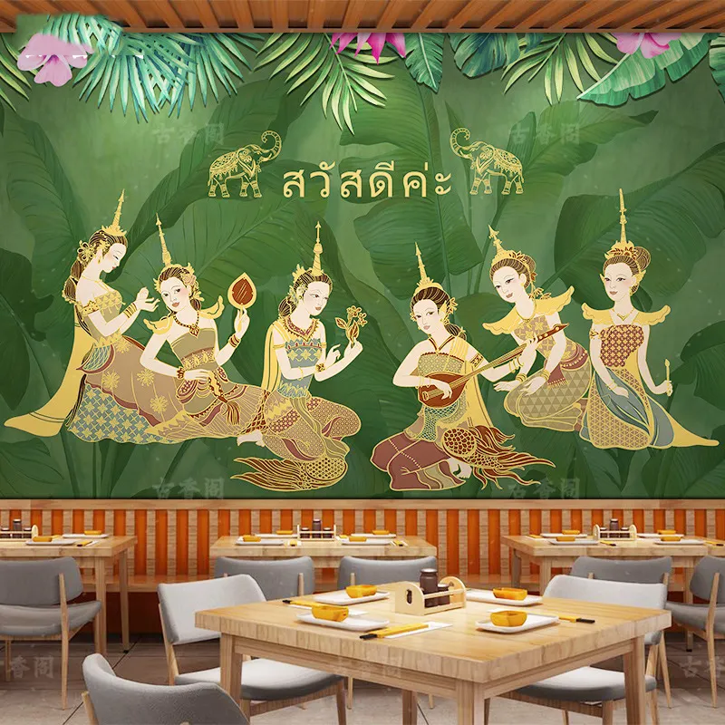 Decoratieve Muurschildering Thaise Restaurant Keuken Achtergrond Muur Behang Thai Massage Spa Hotel Club Custom Muurschildering