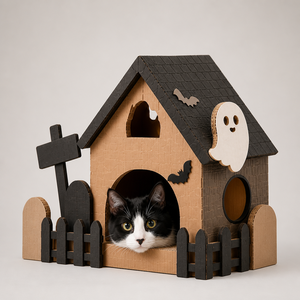 Casa para Gatos de Cartón Corrugado con Techo a Dos Aguas, Rascador y <span class=keywords><strong>Cueva</strong></span> Interior con Recorte de Fantasma - Product Image 2