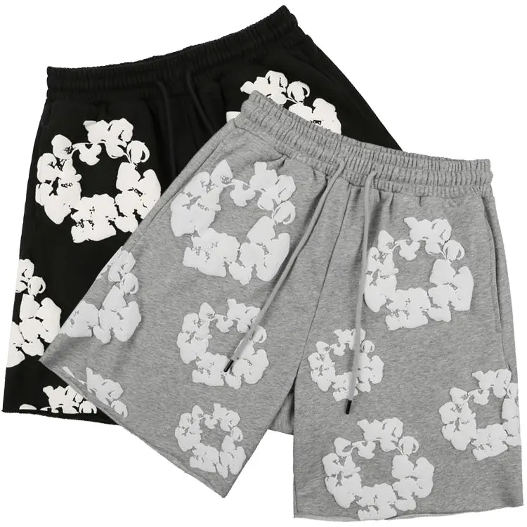 2023 Summer Custom Flower Puff Print Shorts Women Men High Street Oversize String Running Pocket Pants Jogging Short Sweatpants