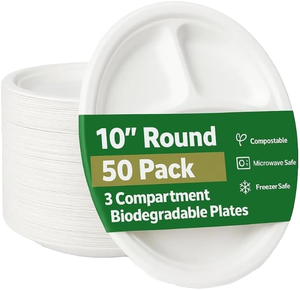 Assiettes rondes biodégradables en bagasse de canne à sucre de 9 pouces à 3 compartiments pour mariages et repas à emporter – Vente en gros - Product Image 1