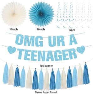 Décorations pour le 13e <span class=keywords><strong>anniversaire</strong></span>, bleu clair pailleté OMG Tu es une adolescente |   Bannière Joyeux <span class=keywords><strong>13</strong></span>ème <span class=keywords><strong>Anniversaire</strong></span>, Éventails en Papier, Pompons pour Garçons et Filles - Product Image 4