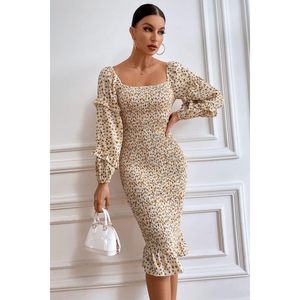 Robe moulante mi-longue à fleurs pour femme FOXA, col carré, manches bouffantes, robe de cocktail smockée style sirène - Product Image 4