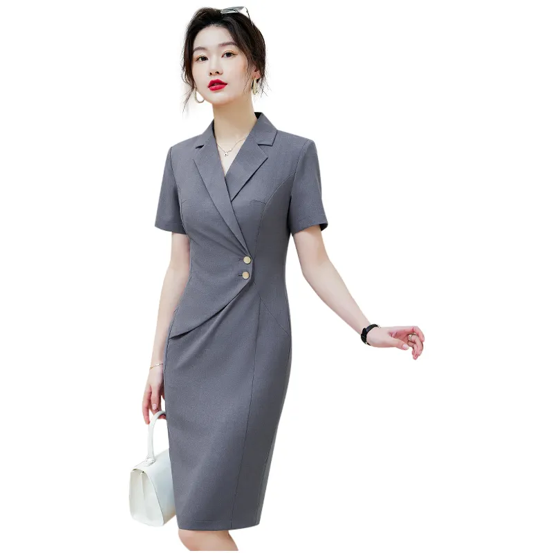 Wholesale Elegant OEM Women's Office Work Gray Dresses Breathable Fashion Soft Lady Business Summer Formal Party Dress