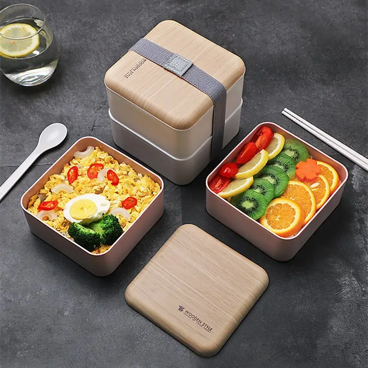 Vierkante Dubbele Laag Japanse Lunchbox Plastic Tiffin Doos Met Servies Ins Nordic Stijl Kantoormedewerker Student Bento Box